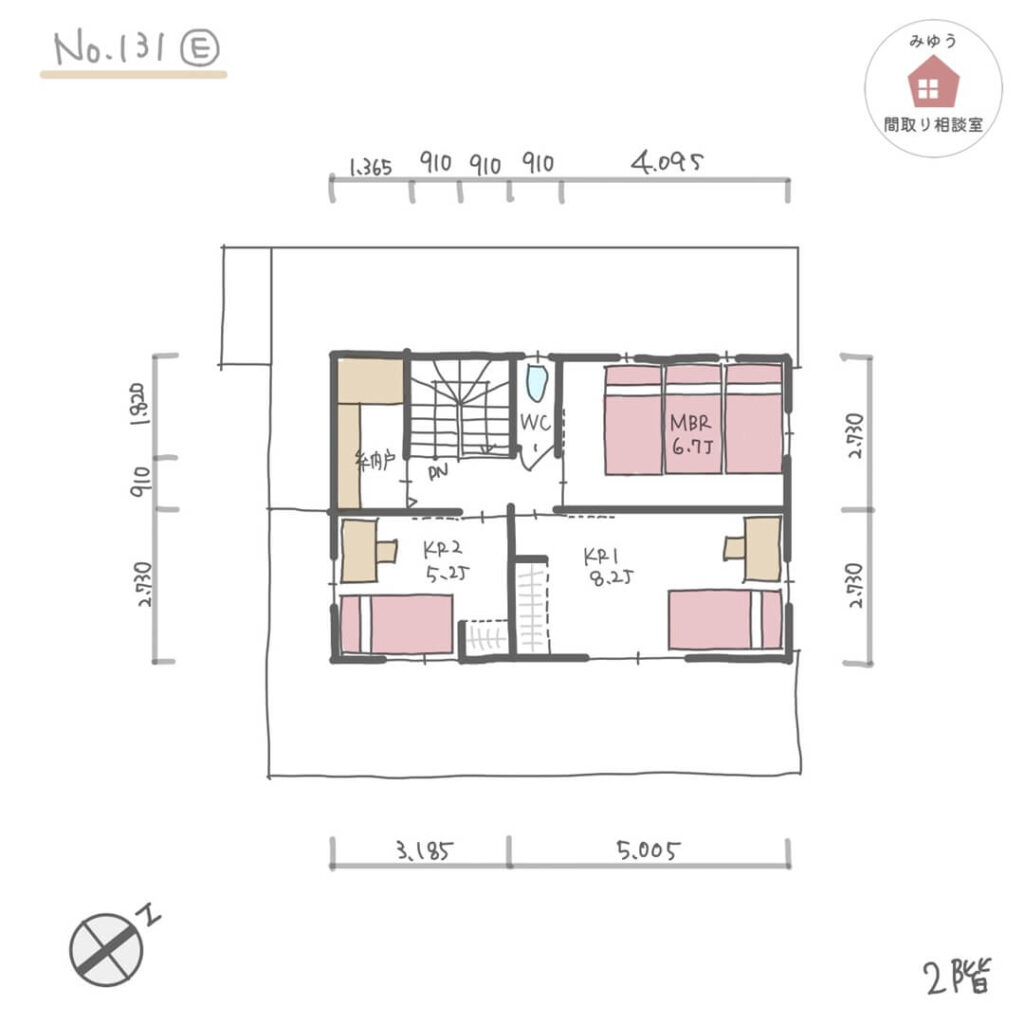 家族の様子が見やすい、１階が真四角の回遊動線間取り【38坪3LDK2階建】No.131E-寸法有2階