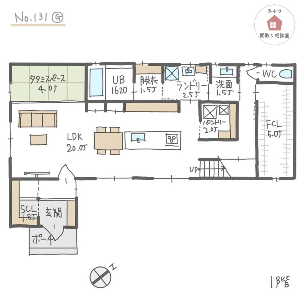 畳スペースやリビングから庭の景色を楽しめるLDK直線配置間取り【38坪3LDK2階建】No.131G-1階