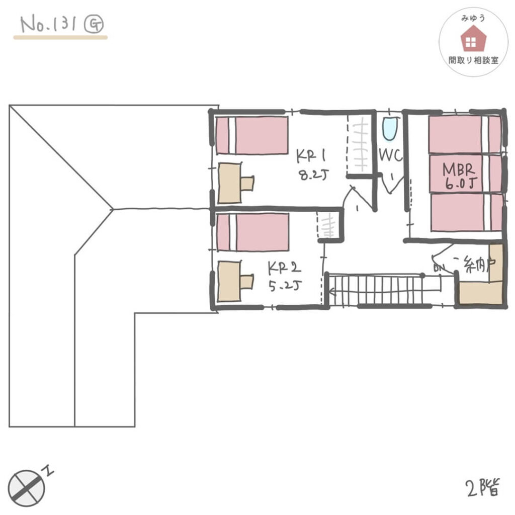 畳スペースやリビングから庭の景色を楽しめるLDK直線配置間取り【38坪3LDK2階建】No.131G-2階