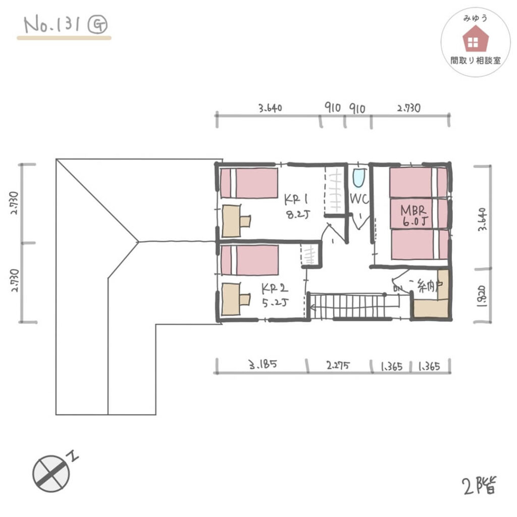 畳スペースやリビングから庭の景色を楽しめるLDK直線配置間取り【38坪3LDK2階建】No.131G-寸法有2階