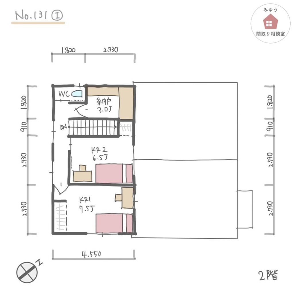 １階に主寝室を設けたほぼ平屋の回遊動線間取り【36坪3LDK2階建】No.131I-寸法有2階