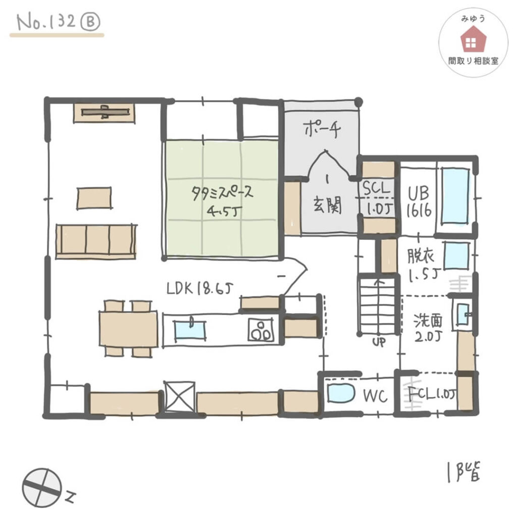 キッチンと水回りが近接している家事動線の短い間取り【35坪4LDK2階建】No.132B-1階