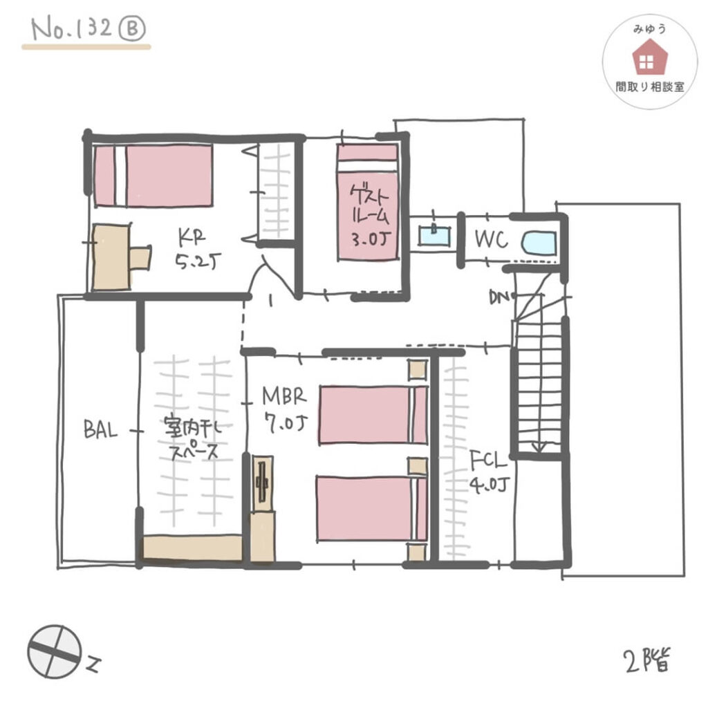 キッチンと水回りが近接している家事動線の短い間取り【35坪4LDK2階建】No.132B-2階