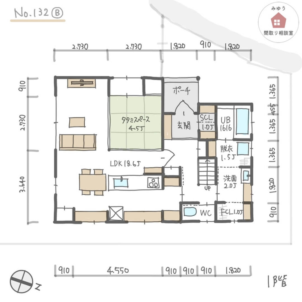 キッチンと水回りが近接している家事動線の短い間取り【35坪4LDK2階建】No.132B-寸法有1階