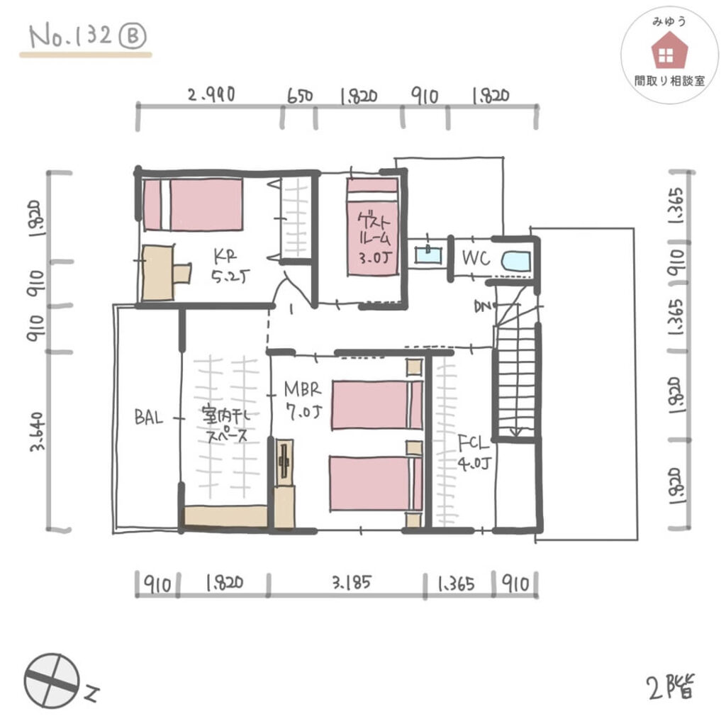 キッチンと水回りが近接している家事動線の短い間取り【35坪4LDK2階建】No.132B-寸法有2階