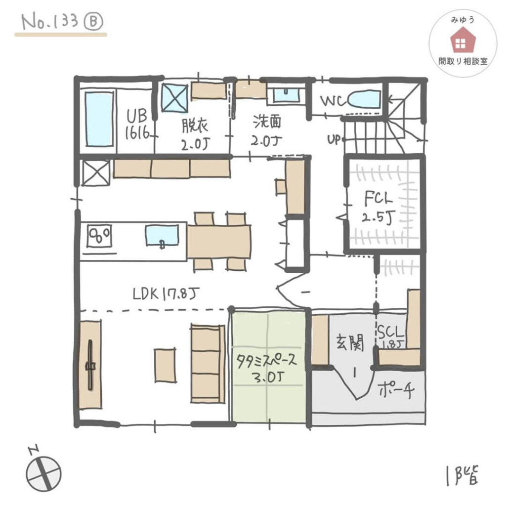 高天井リビングの隣に畳スペースがある子どもの様子をみやすい間取り【33坪3LDK2階建】No.133B-1階