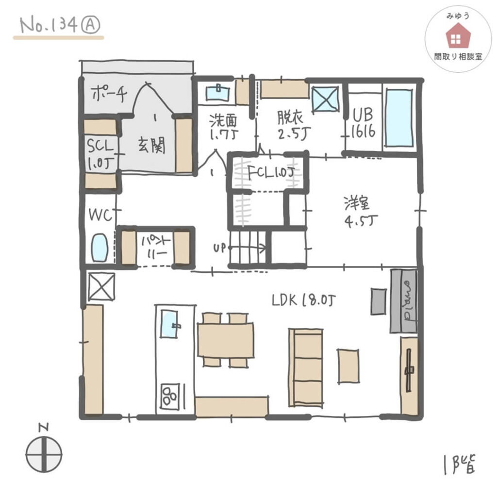 南側にLDK直線配置の将来１階だけで暮らせる回遊動線間取り【33坪4LDK2階建】No.134A-1階