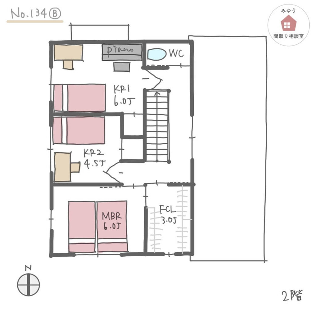 キッチンからランドリールームに入れる水回り回遊動線の家事ラク間取り【33坪4LDK2階建】No.134B-2階