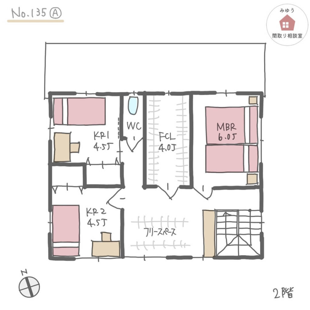 ２階室内干しスペースと広めのファミリークローゼットが隣り合う洗濯物が片付けやすい間取り【35坪4LDK2階建】No.135A-2階