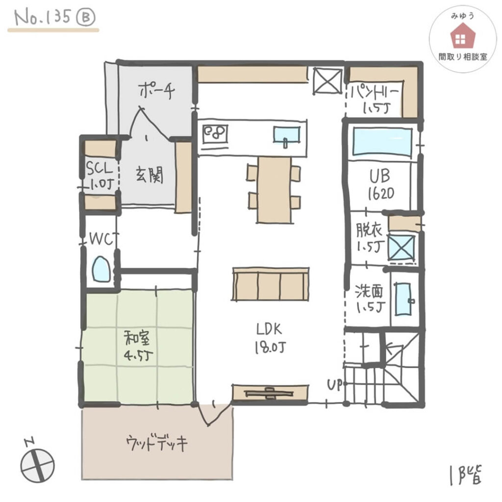 LDK直線配置のキッチンから家族の様子が見やすい間取り【34坪4LDK2階建】No.135B-1階