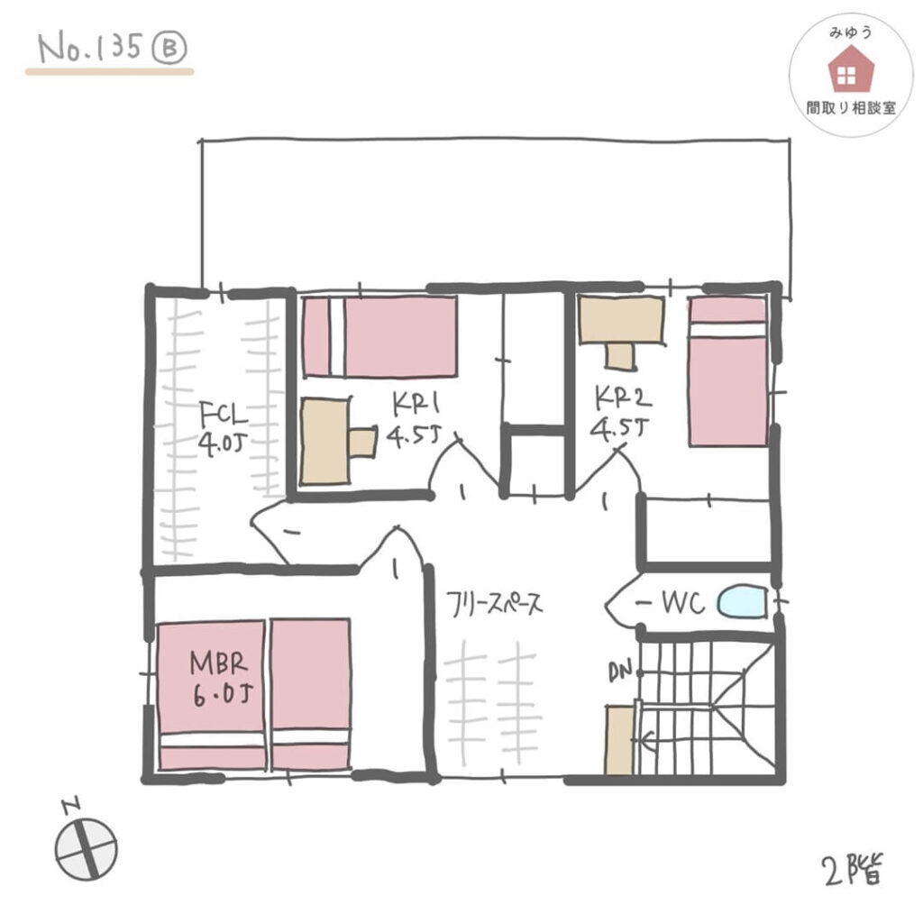 LDK直線配置のキッチンから家族の様子が見やすい間取り【34坪4LDK2階建】No.135B-2階