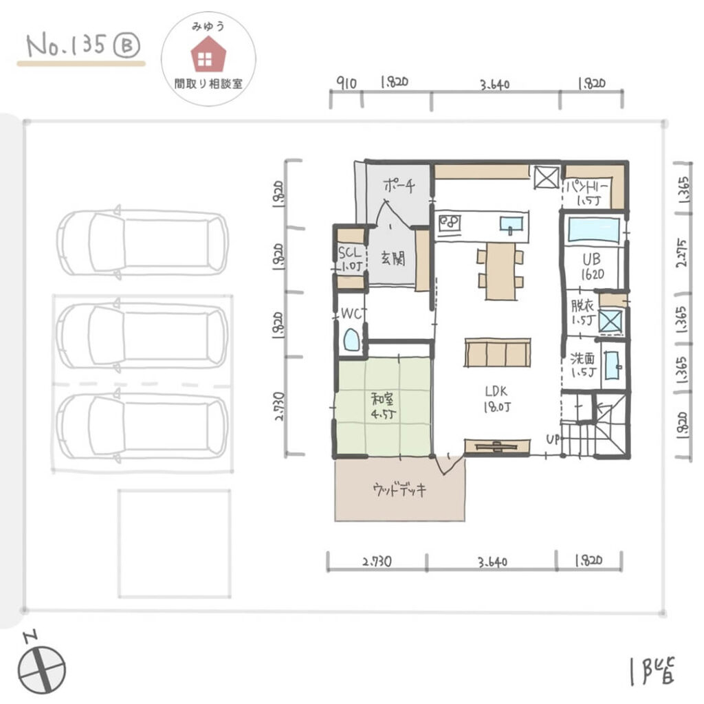 LDK直線配置のキッチンから家族の様子が見やすい間取り【34坪4LDK2階建】No.135B-寸法有1階