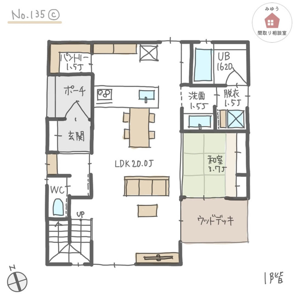 和室からもリビングからも出られるウッドデッキがある間取り【34坪4LDK2階建】No.135C-1階