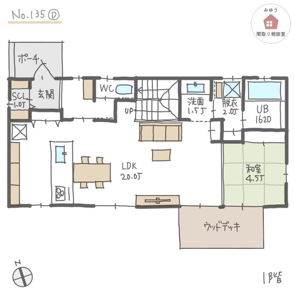 南側LDK直線配置でリビング隣に和室がある間取り【34坪4LDK2階建】No.135D-1階