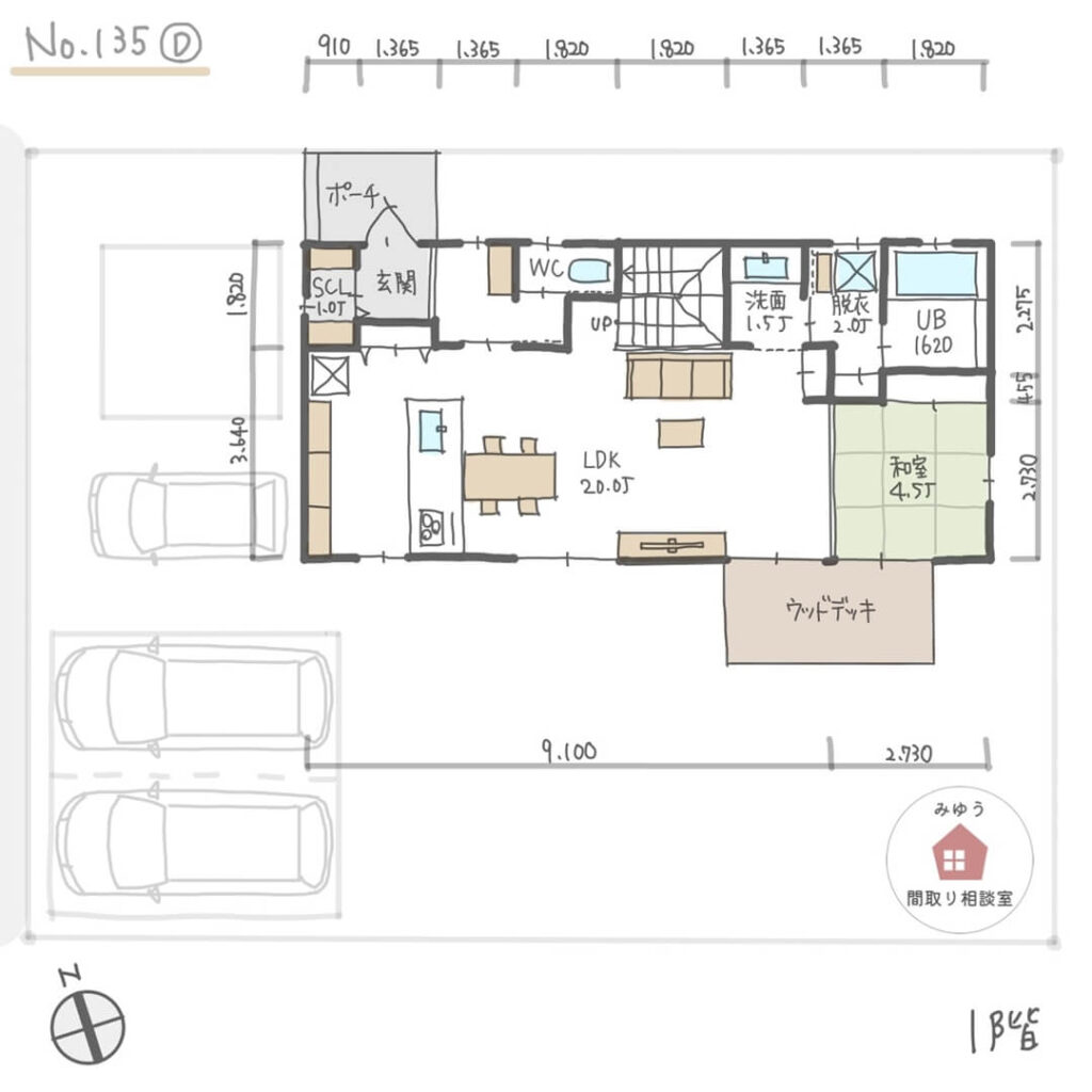 南側LDK直線配置でリビング隣に和室がある間取り【34坪4LDK2階建】No.135D-寸法有1階