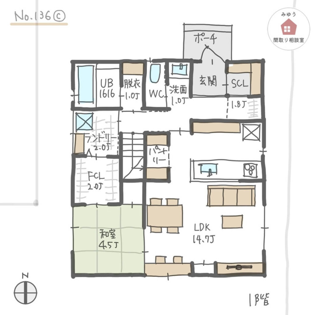 独立したランドリールームがある水回り回遊動線間取り【30坪4LDK2階建】No.136C-1階