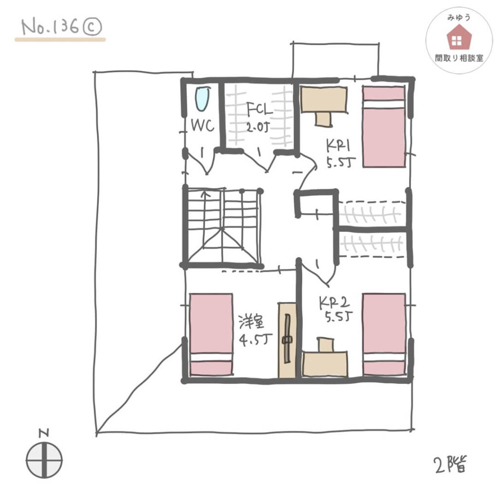 独立したランドリールームがある水回り回遊動線間取り【30坪4LDK2階建】No.136C-2階