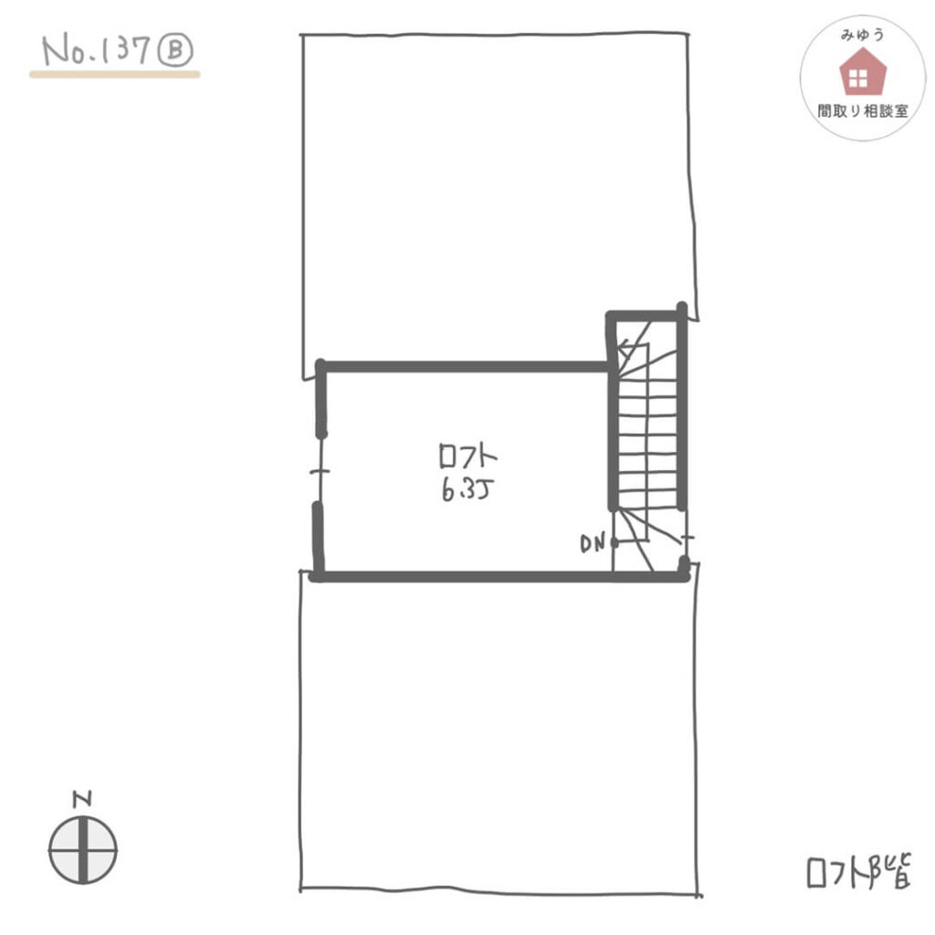 キッチンテーブル横並びLDKにした、間口が狭い家の家事ラク回遊動線間取り【28坪4LDK2階建】No.137B-ロフト階