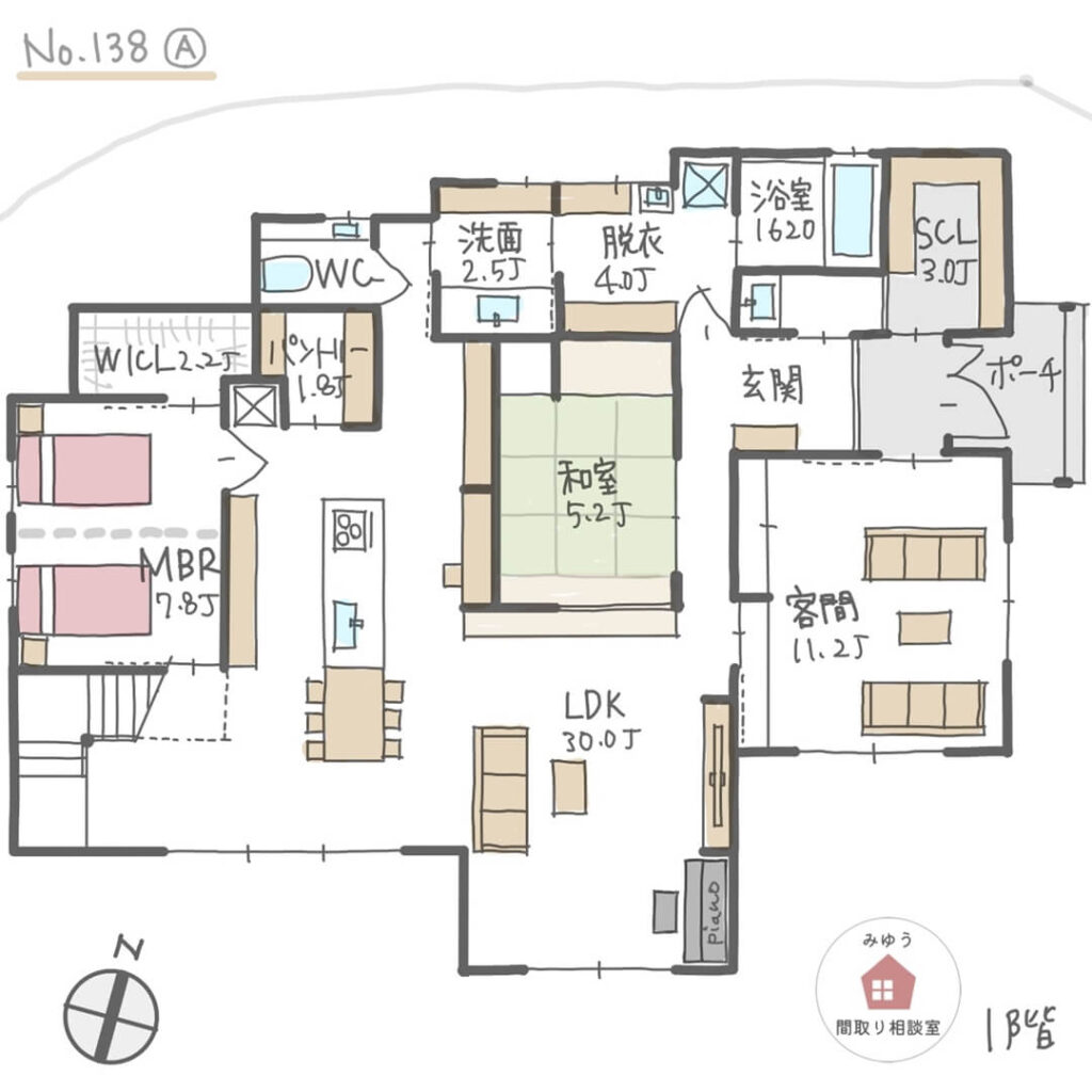 玄関土間から直に入れる客間がある間取り【65坪5LDK2階建】No.138A-1階