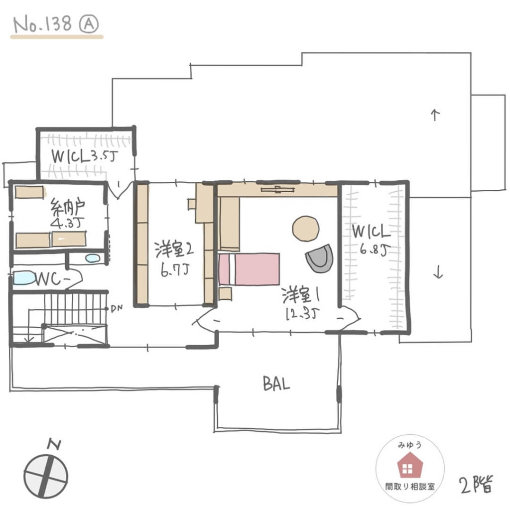 玄関土間から直に入れる客間がある間取り【65坪5LDK2階建】No.138A-2階