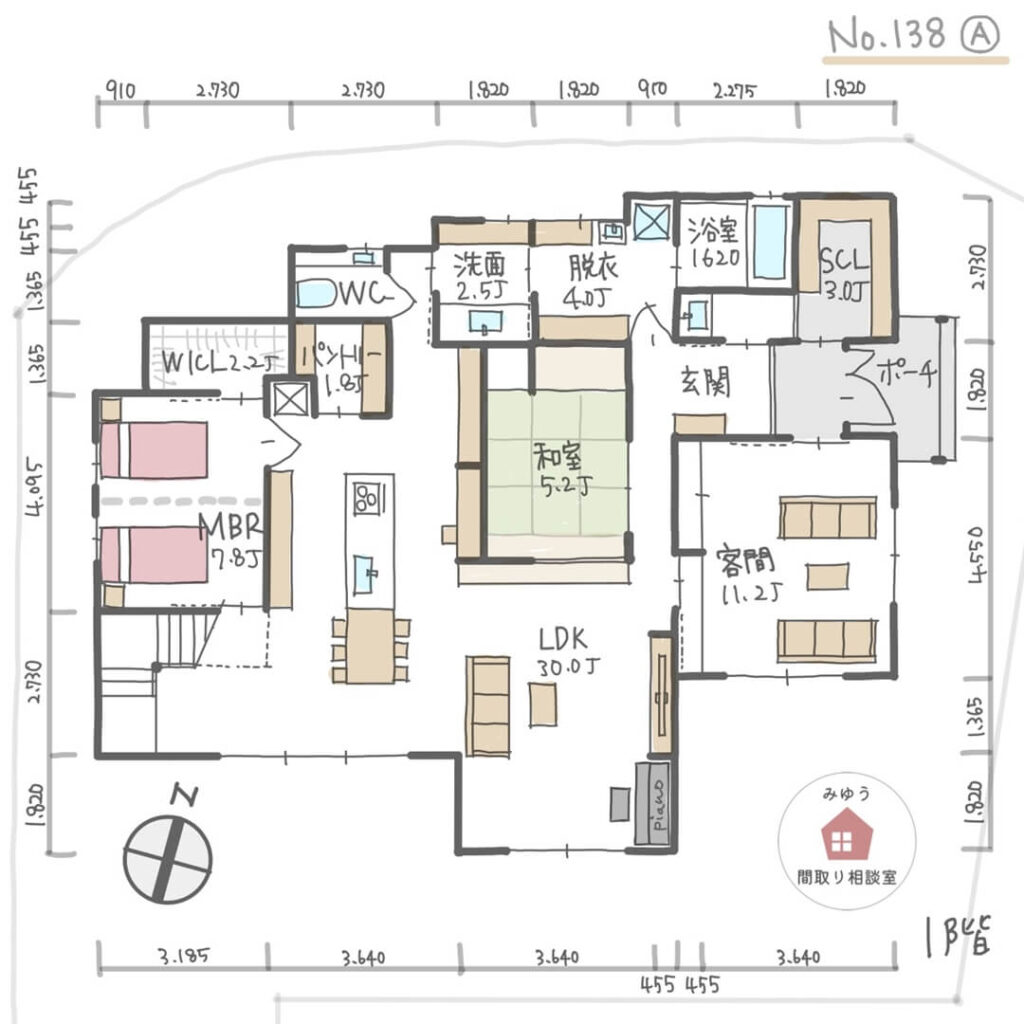 玄関土間から直に入れる客間がある間取り【65坪5LDK2階建】No.138A-寸法有1階