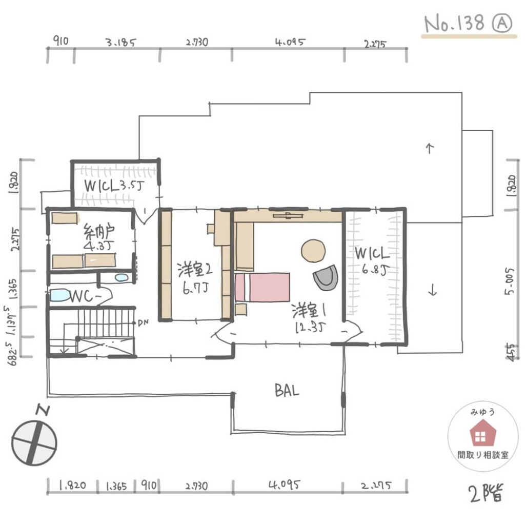 玄関土間から直に入れる客間がある間取り【65坪5LDK2階建】No.138A-寸法有2階