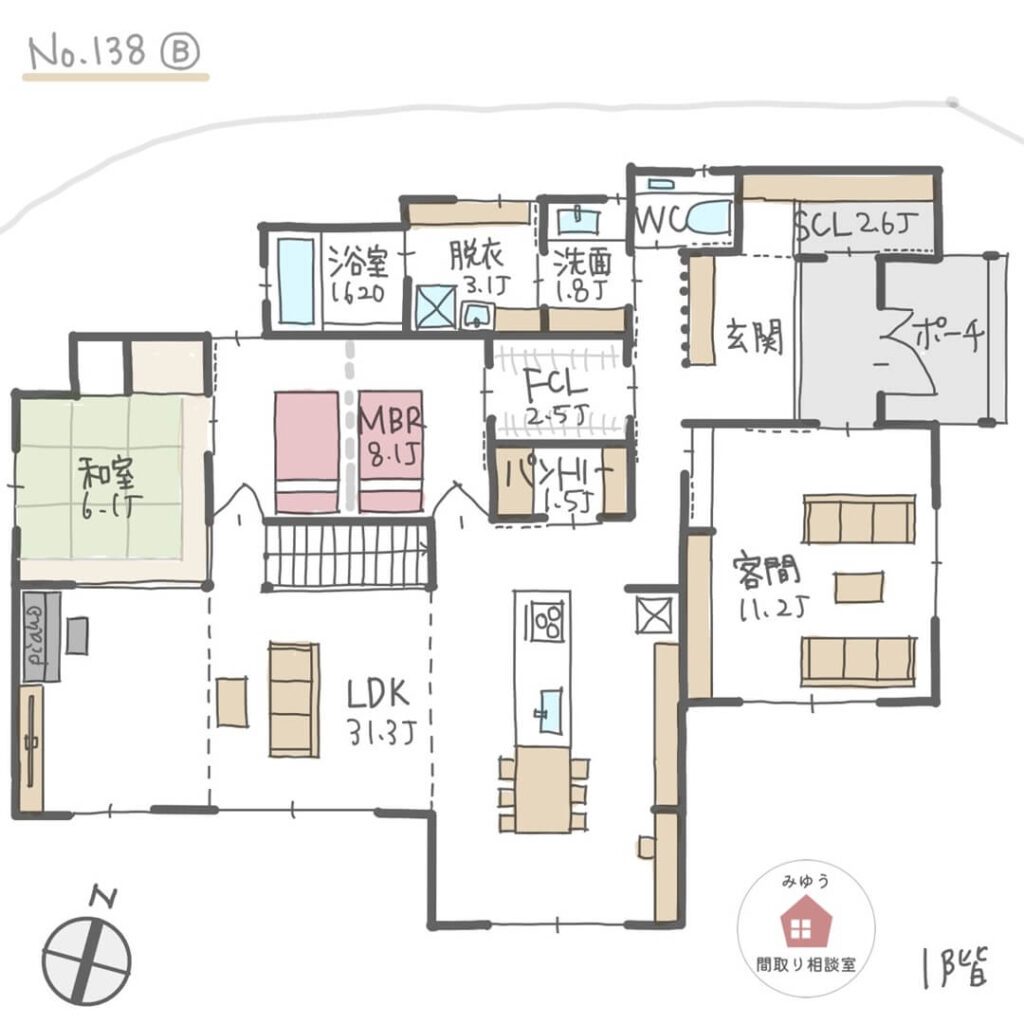 日当たり良く、庭の景色を楽しめる30帖以上のＬＤＫのある間取り【64坪5LDK2階建】No.138B-1階