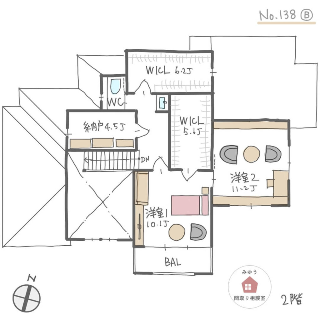 日当たり良く、庭の景色を楽しめる30帖以上のＬＤＫのある間取り【64坪5LDK2階建】No.138B-2階