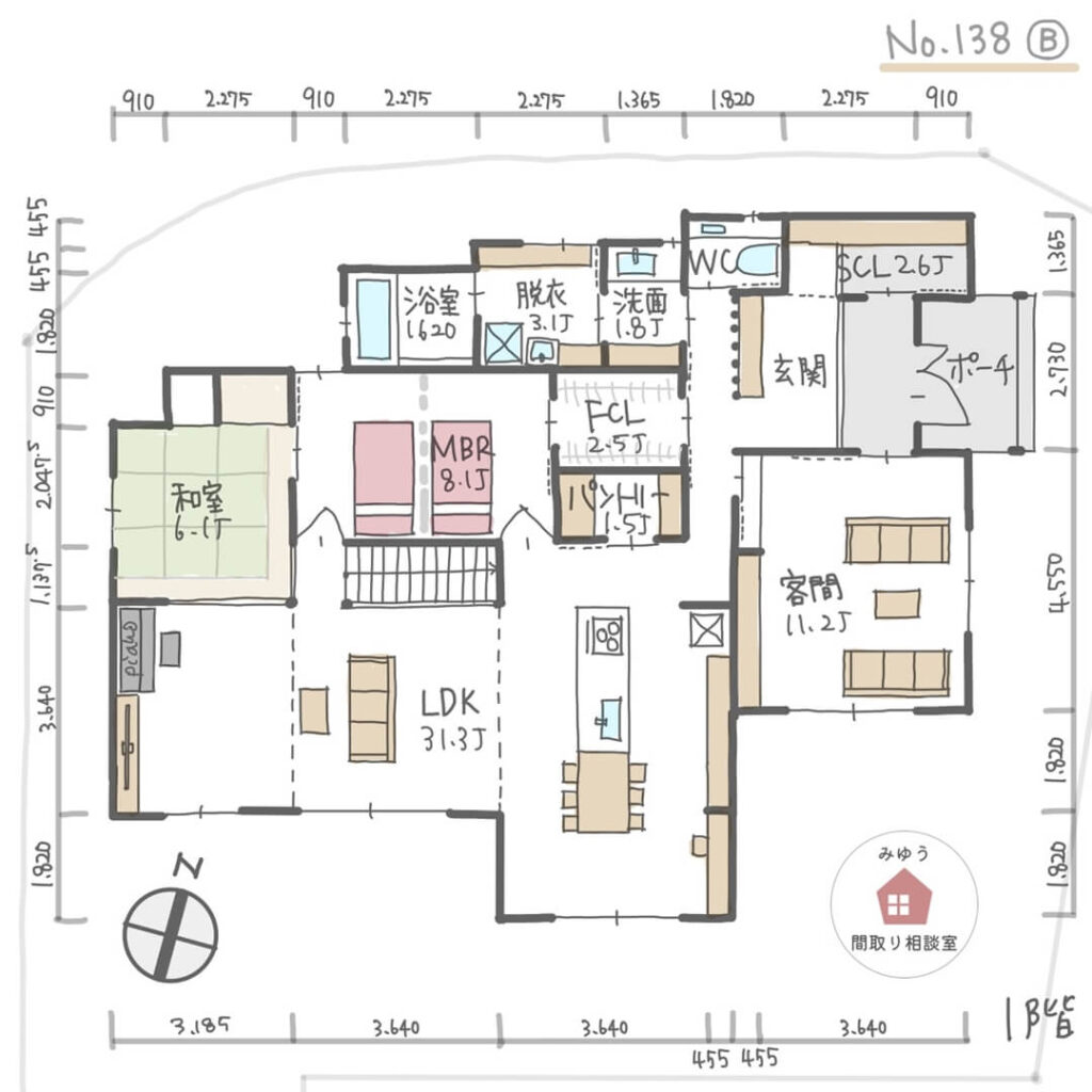 日当たり良く、庭の景色を楽しめる30帖以上のＬＤＫのある間取り【64坪5LDK2階建】No.138B-寸法有1階