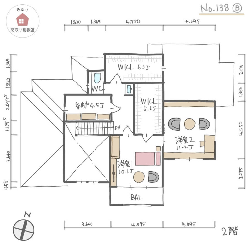 日当たり良く、庭の景色を楽しめる30帖以上のＬＤＫのある間取り【64坪5LDK2階建】No.138B-寸法有2階