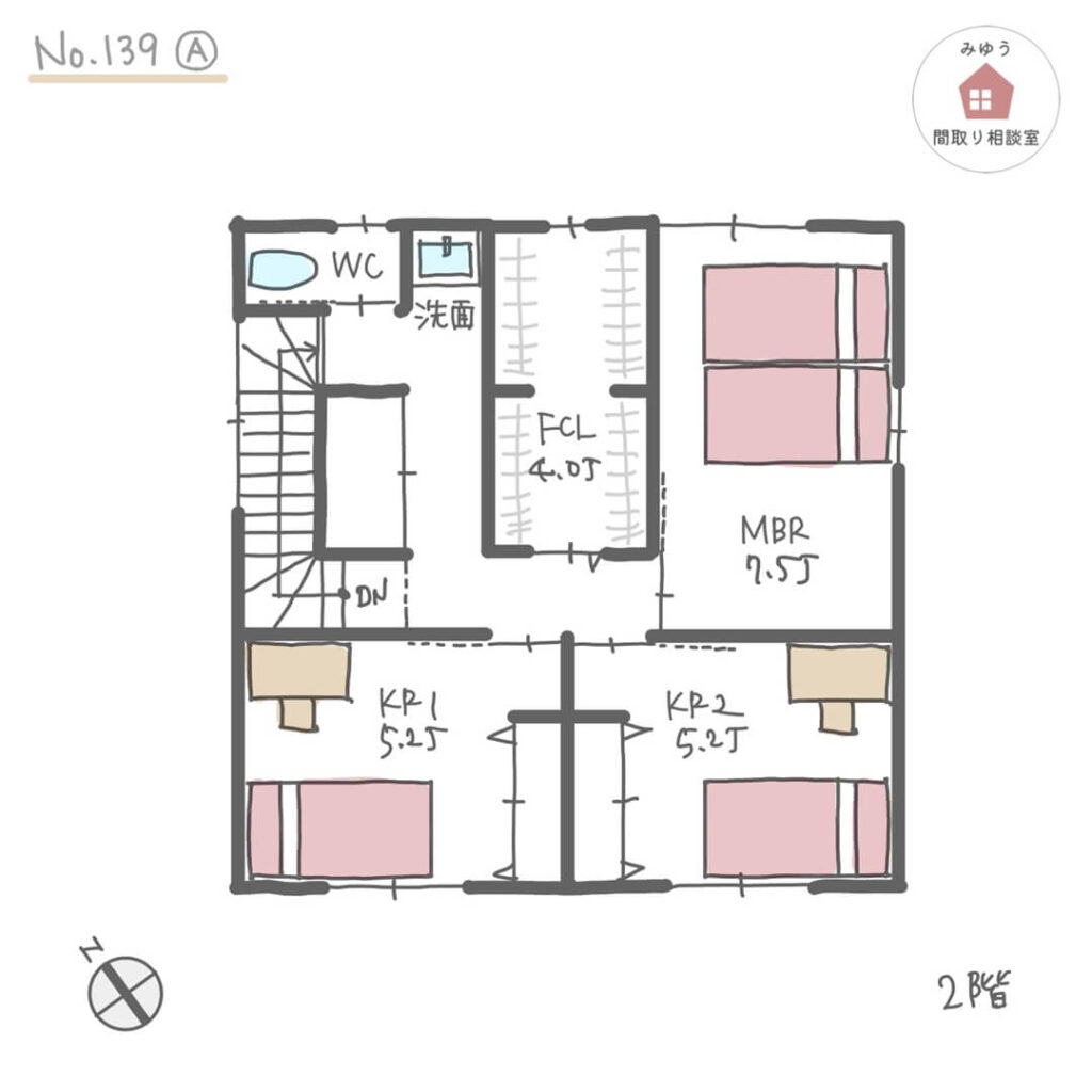 南の庭に面してリビングと畳スペースがある日当たりの良い間取り【31坪3LDK2階建】No.139A-2階