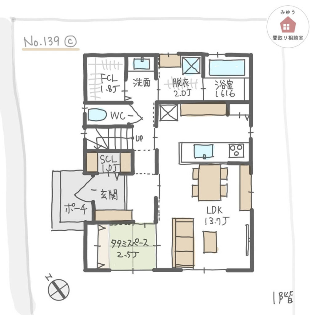 LDK直線配置でリビング隣に畳スペースがある間取り【31坪3LDK2階建】No.139C-1階