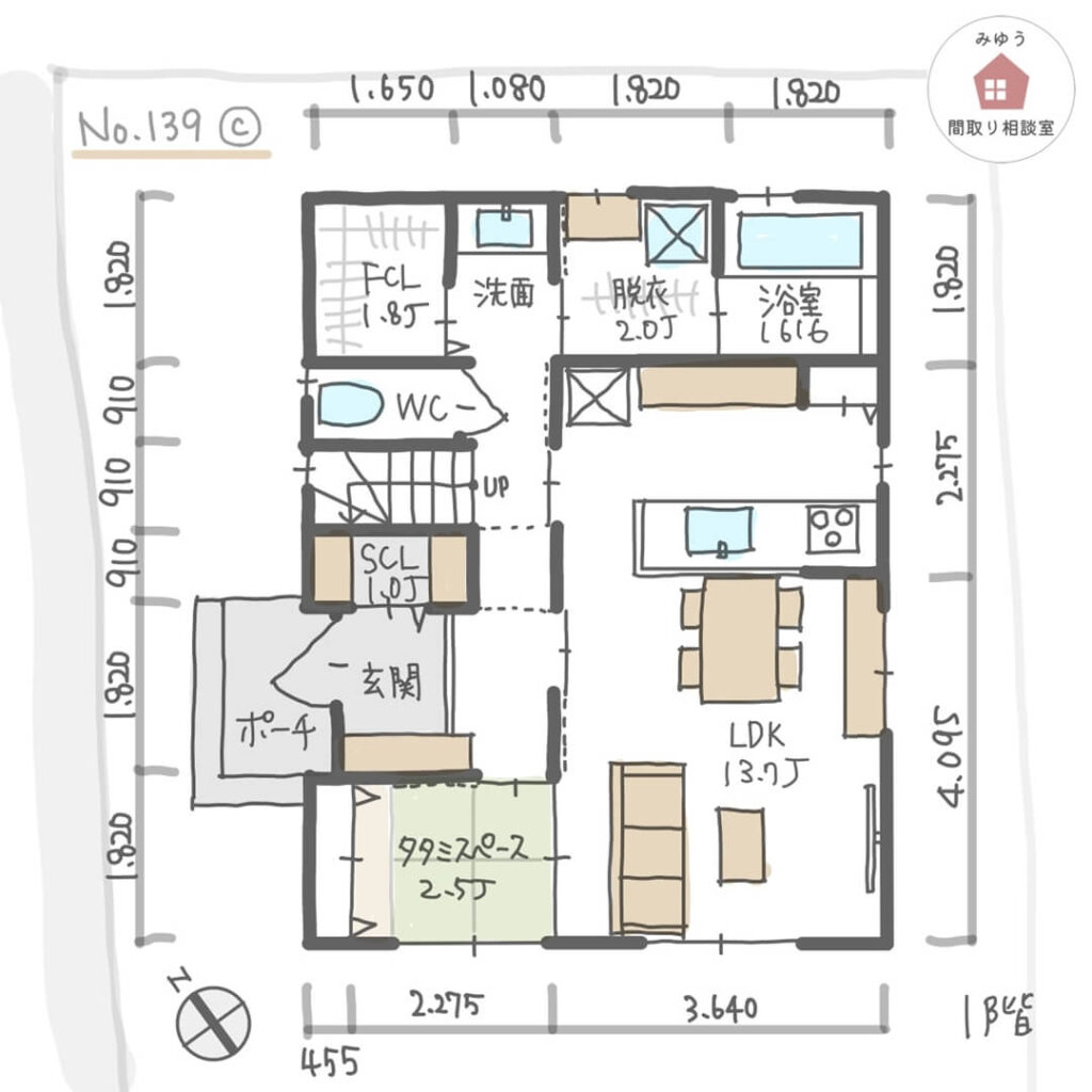 LDK直線配置でリビング隣に畳スペースがある間取り【31坪3LDK2階建】No.139C-寸法有1階