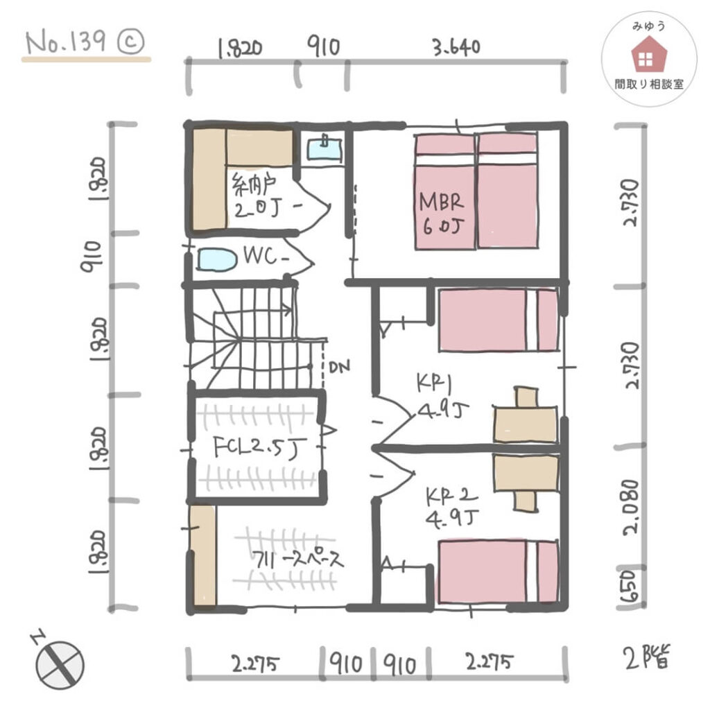 LDK直線配置でリビング隣に畳スペースがある間取り【31坪3LDK2階建】No.139C-寸法有2階