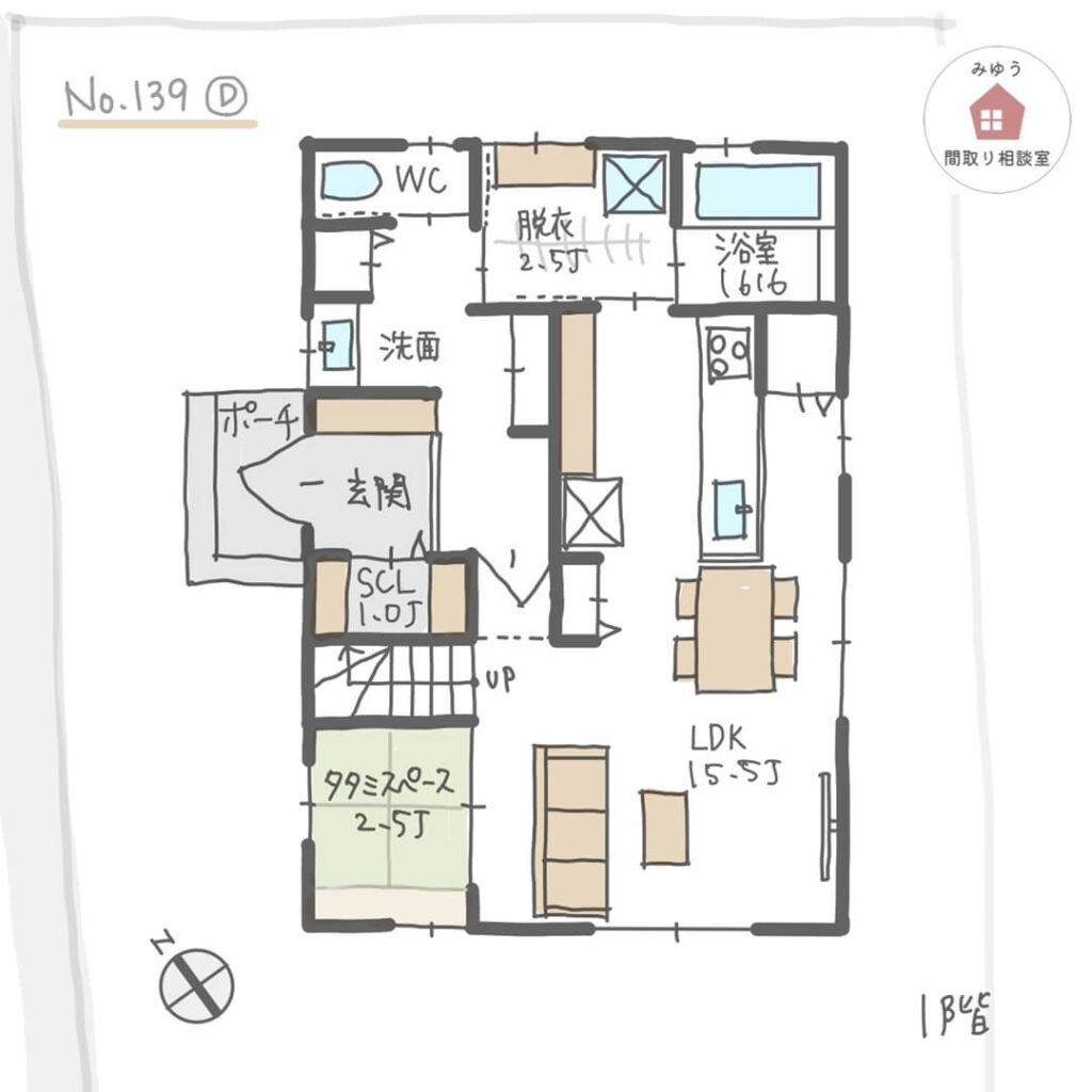 キッチンとダイニングテーブル横並びの水回り回遊動線間取り【30坪3LDK2階建】No.139D-1階