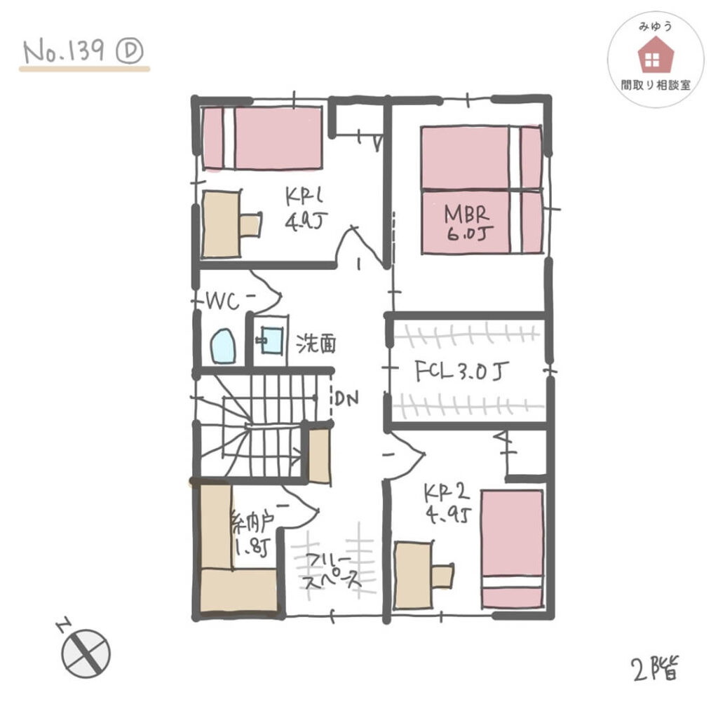 キッチンとダイニングテーブル横並びの水回り回遊動線間取り【30坪3LDK2階建】No.139D-2階