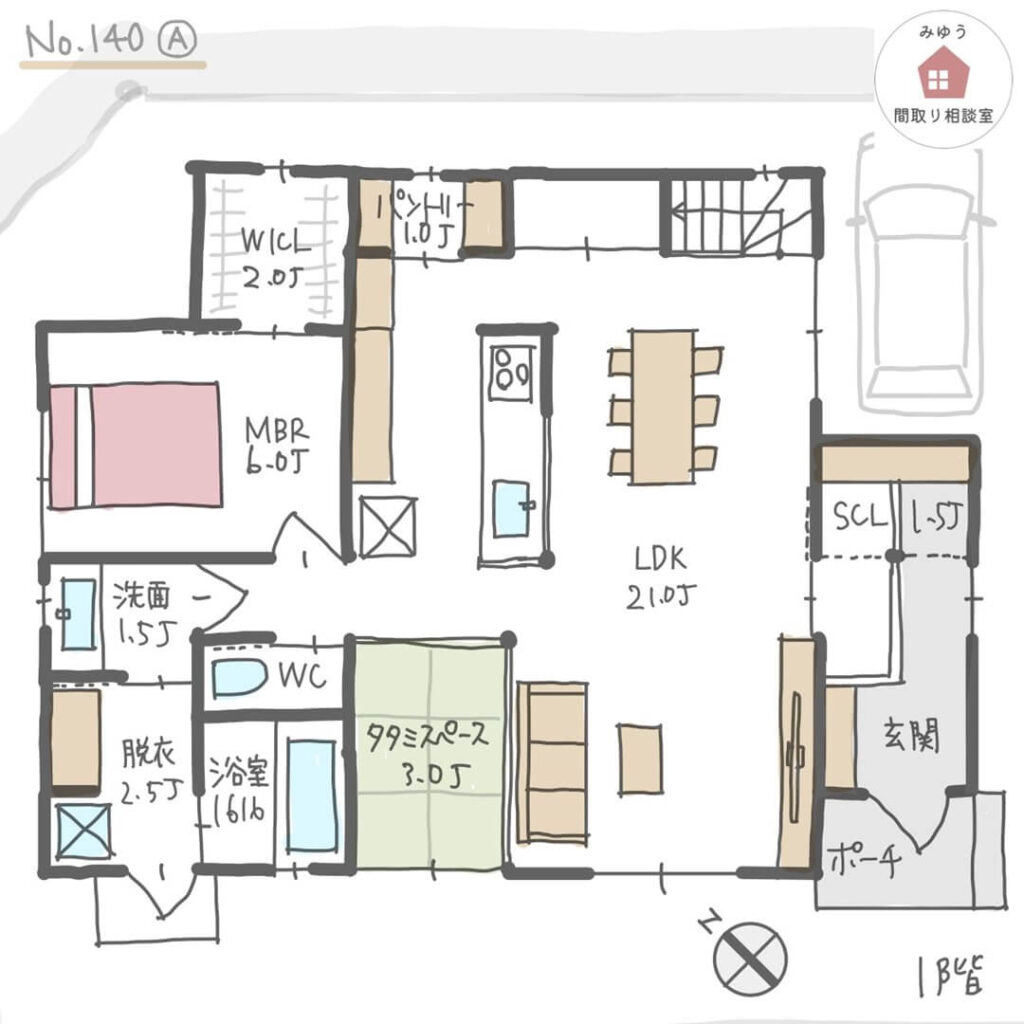 ホームパーティを楽しめて、将来１階だけで生活可能なほぼ平屋間取り【33坪3LDK2階建】No.140A-1階