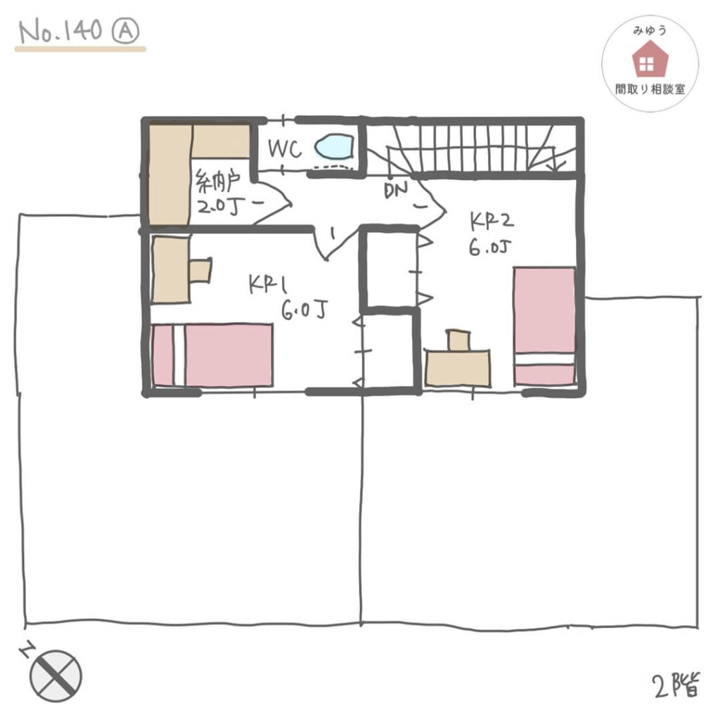 ホームパーティを楽しめて、将来１階だけで生活可能なほぼ平屋間取り【33坪3LDK2階建】No.140A-2階