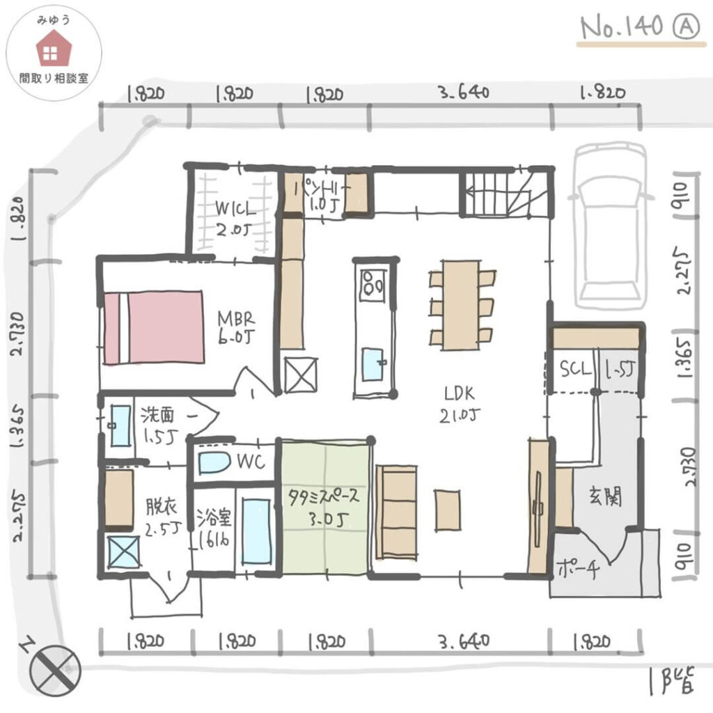 ホームパーティを楽しめて、将来１階だけで生活可能なほぼ平屋間取り【33坪3LDK2階建】No.140A-寸法有1階