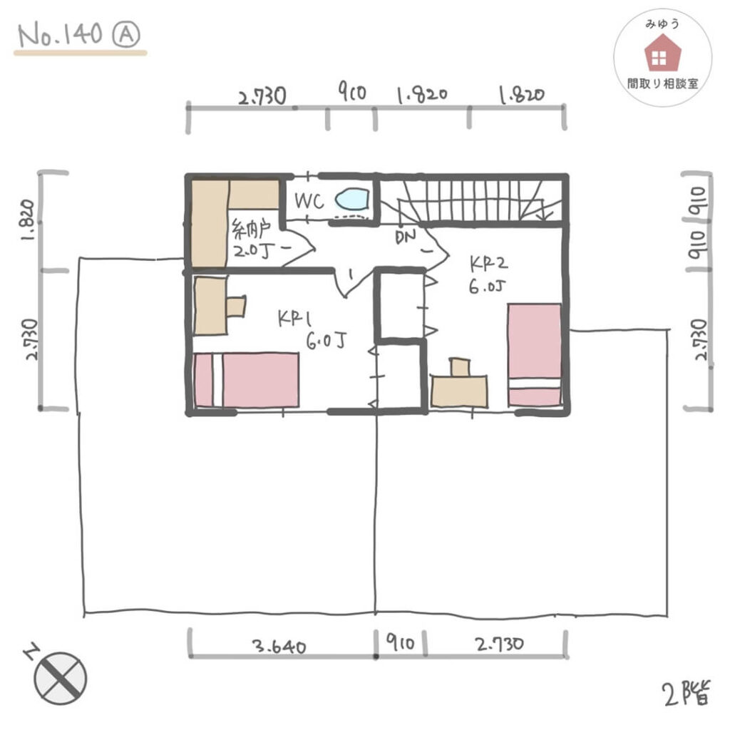 ホームパーティを楽しめて、将来１階だけで生活可能なほぼ平屋間取り【33坪3LDK2階建】No.140A-寸法有2階