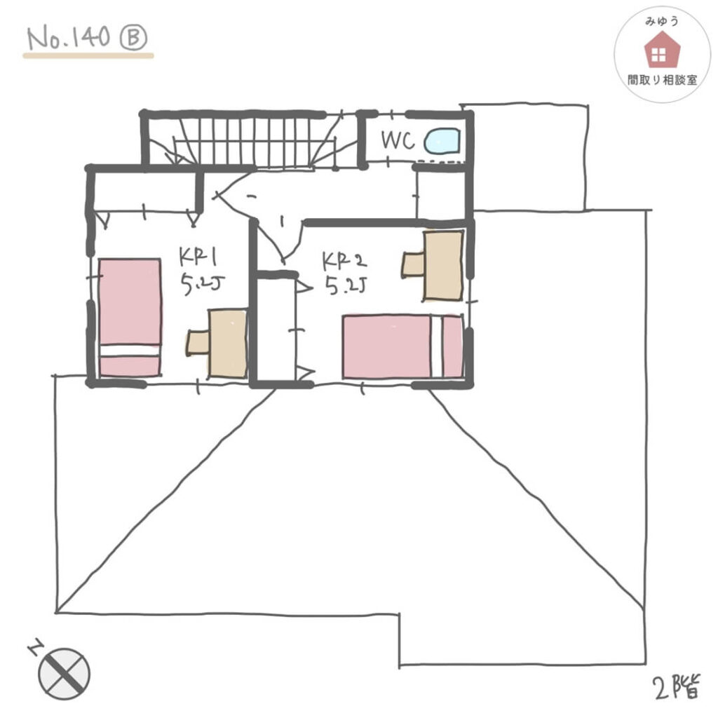 洗面脱衣別で水回りとキッチンが近接した家事動線の良い間取り【30坪3LDK2階建】No.140B-2階