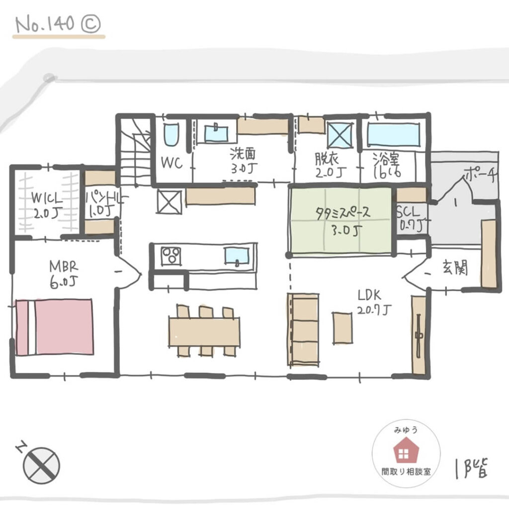 南側に吹抜けリビング、ダイニング、すべての個室があるほぼ平屋間取り【31坪3LDK2階建】No.140C-1階