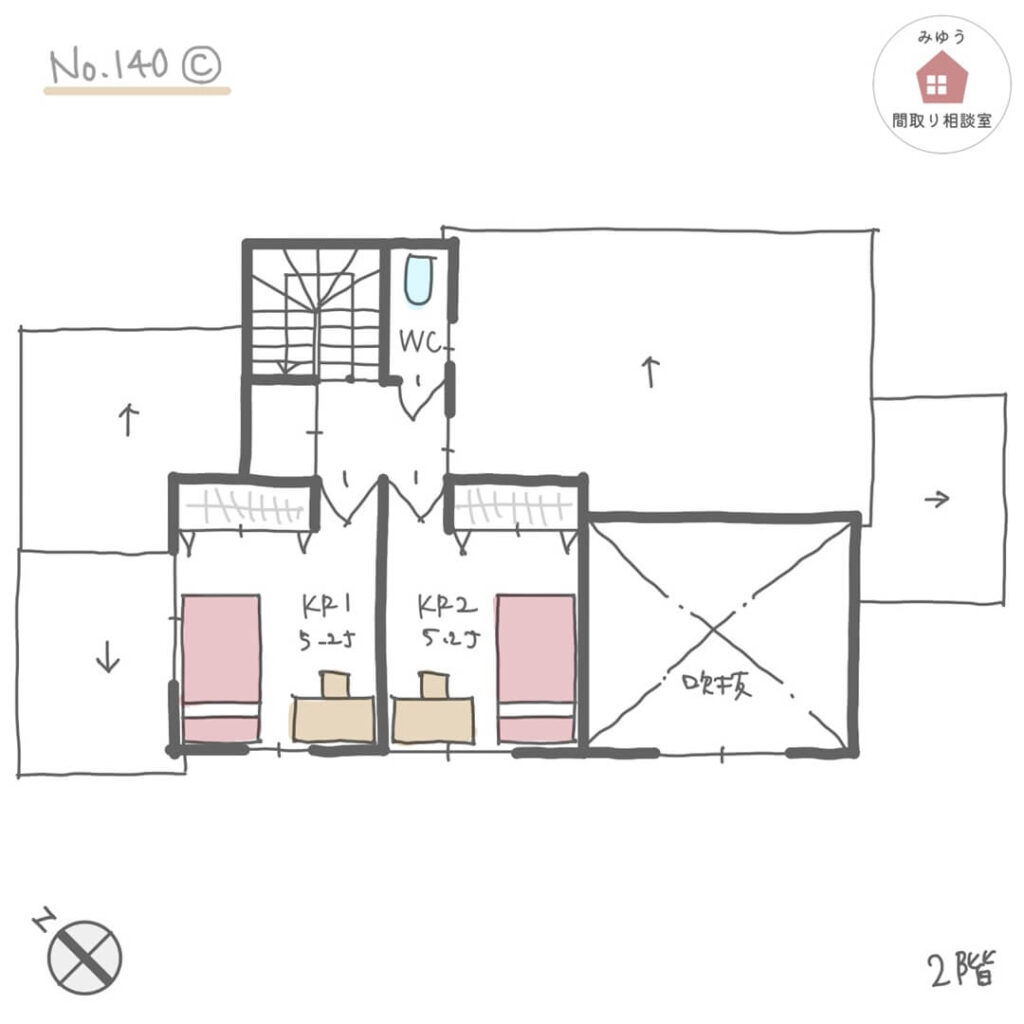 南側に吹抜けリビング、ダイニング、すべての個室があるほぼ平屋間取り【31坪3LDK2階建】No.140C-2階