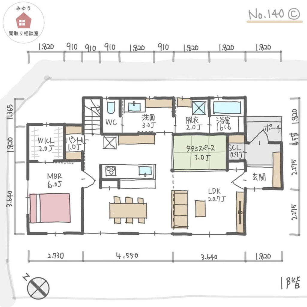 南側に吹抜けリビング、ダイニング、すべての個室があるほぼ平屋間取り【31坪3LDK2階建】No.140C-寸法有1階