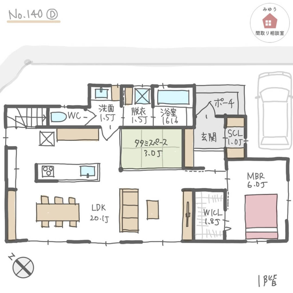 畳スペースのあるLDKが開放感ある、1階主寝室の間取り【30坪3LDK2階建】No.140D-1階