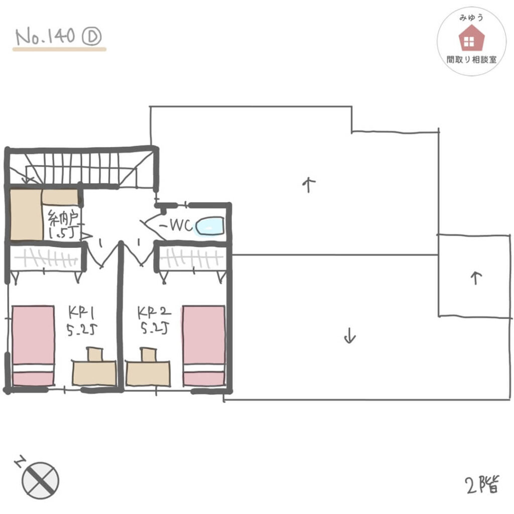 畳スペースのあるLDKが開放感ある、1階主寝室の間取り【30坪3LDK2階建】No.140D-2階