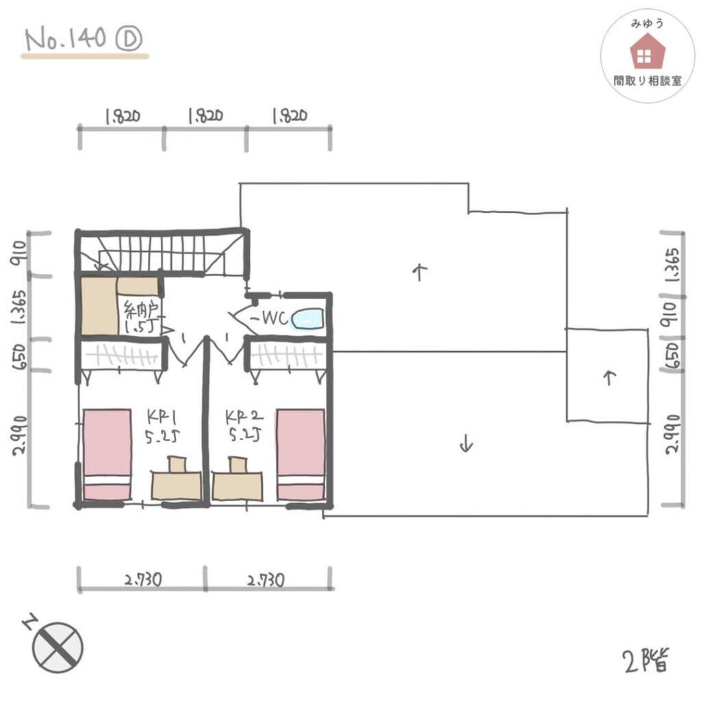 畳スペースのあるLDKが開放感ある、1階主寝室の間取り【30坪3LDK2階建】No.140D-寸法有2階