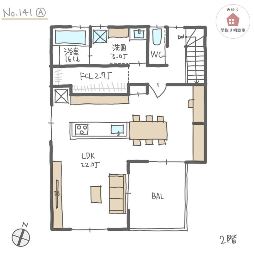 L字型の広々LDKや水回り、ファミリークローゼットが2階にある間取り【30坪3LDK2階建】No.141A-2階