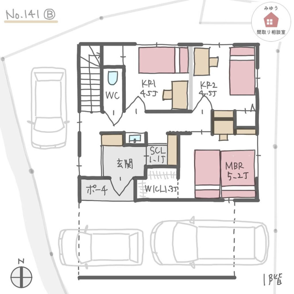 広いバルコニーがある、開放的な2階リビング間取り【30坪3LDK2階建】No.141B-1階