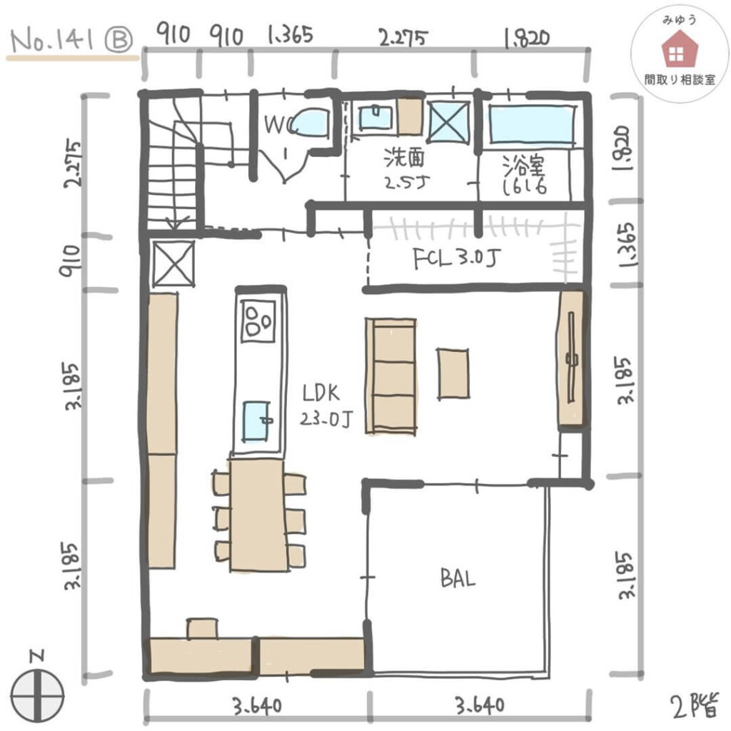 広いバルコニーがある、開放的な2階リビング間取り【30坪3LDK2階建】No.141B-寸法有2階